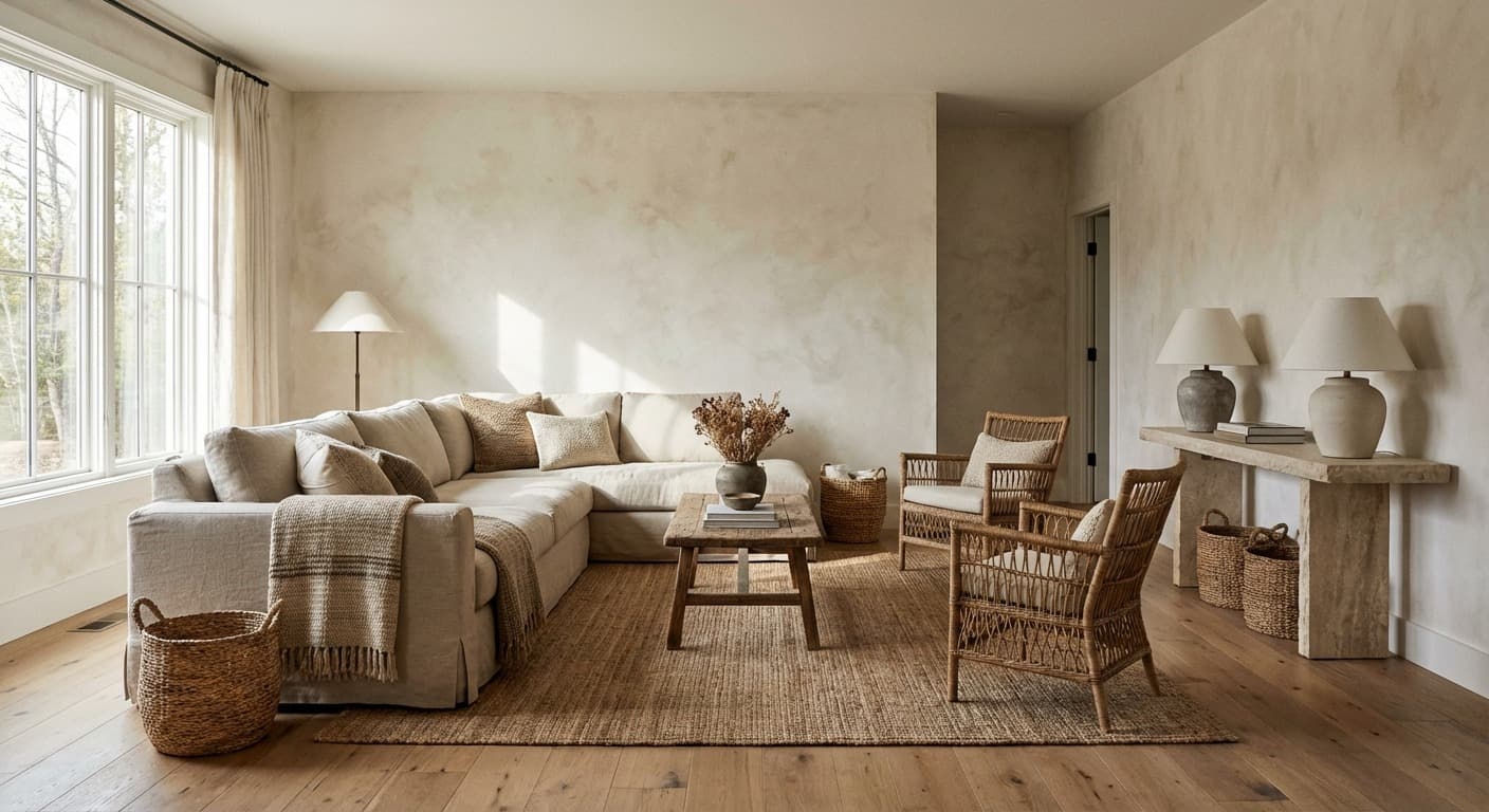 Authentic Italian limewash painted walls in a modern living room