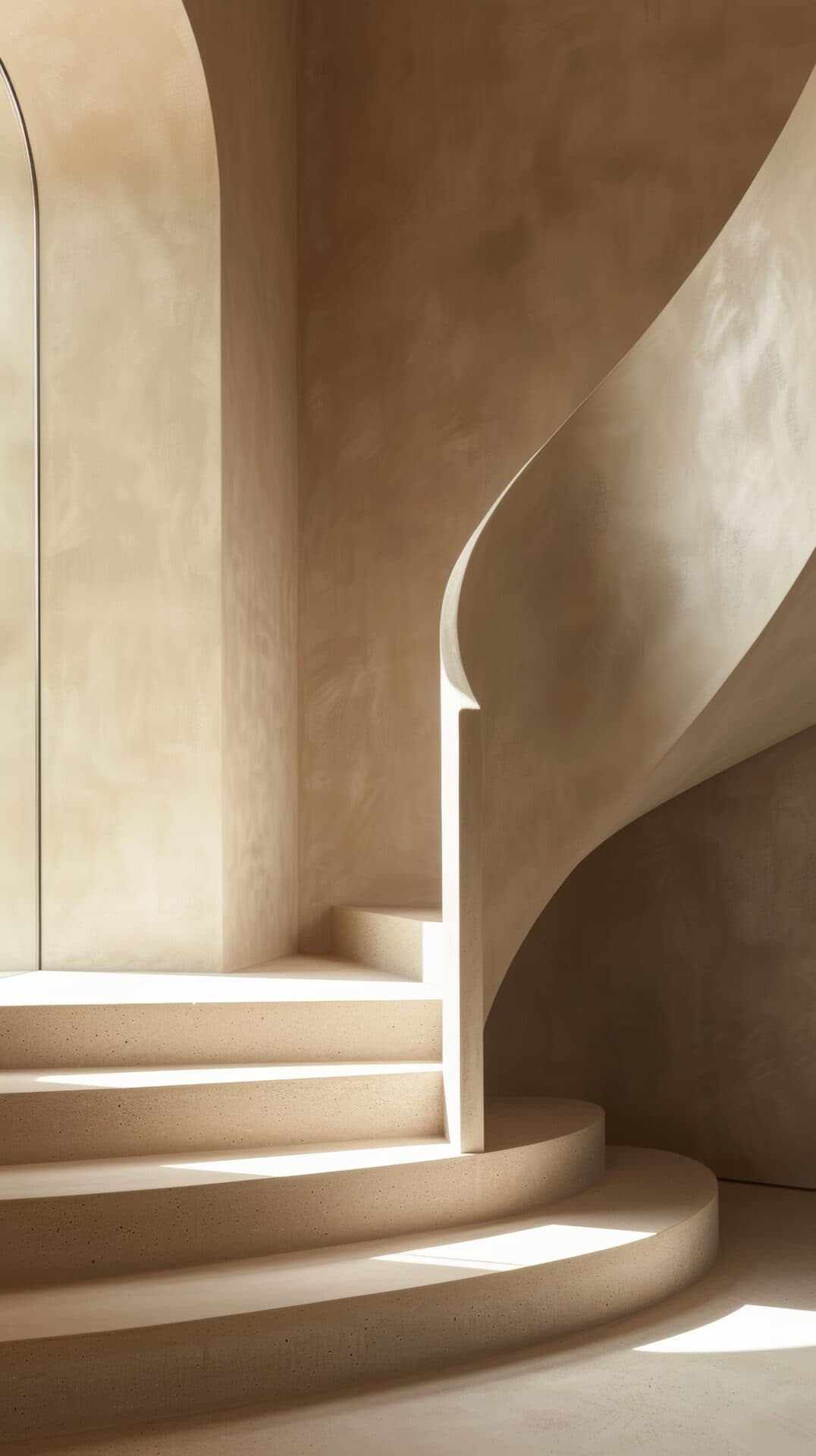 Seamless microcement floor running through a high-traffic arched hallway