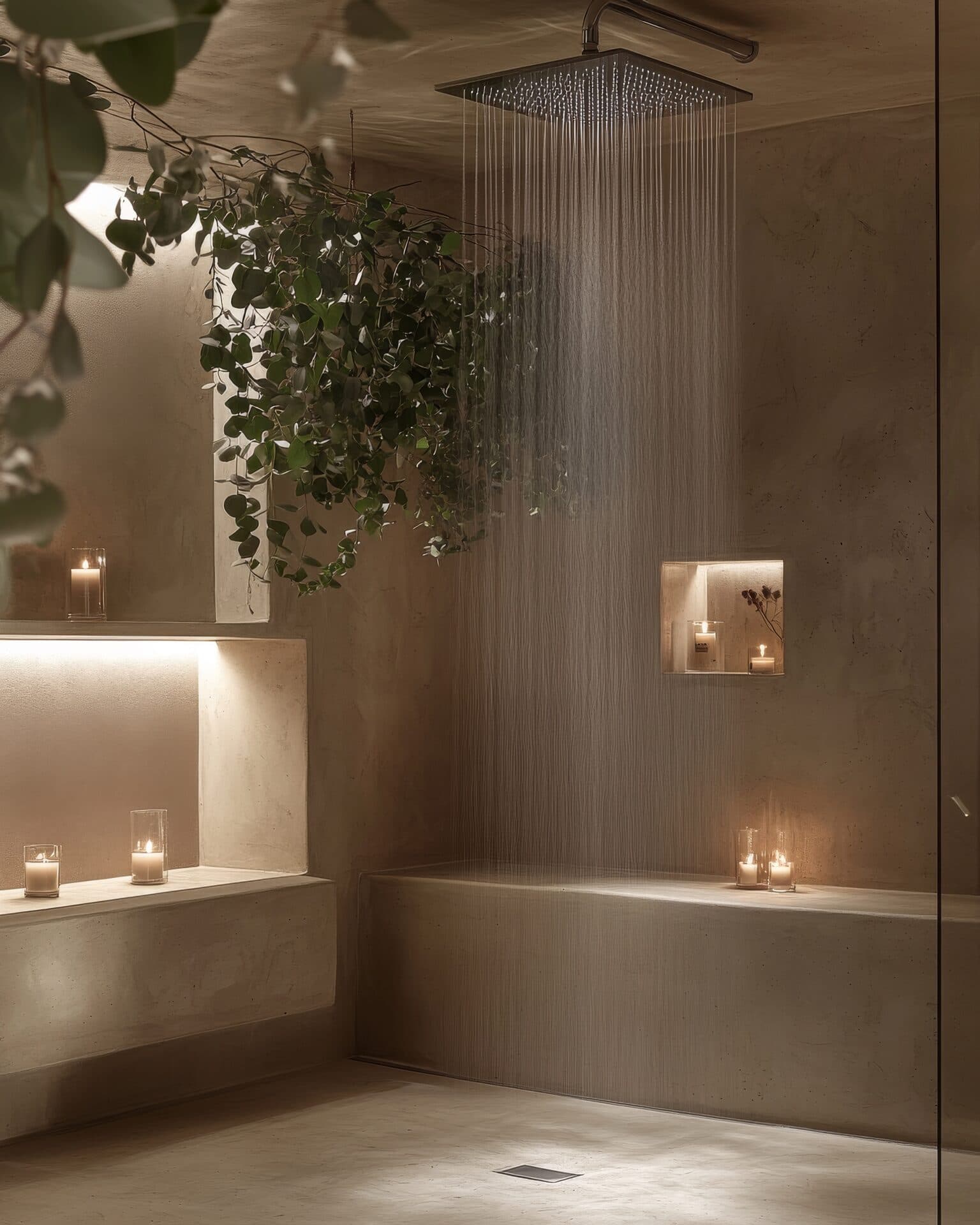 Seamless microcement spa bathroom with continuous wet-area surfaces