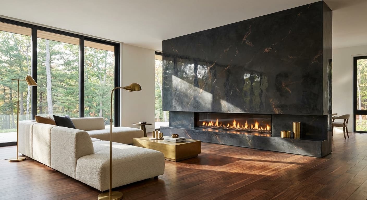 Dark charcoal venetian plaster fireplace