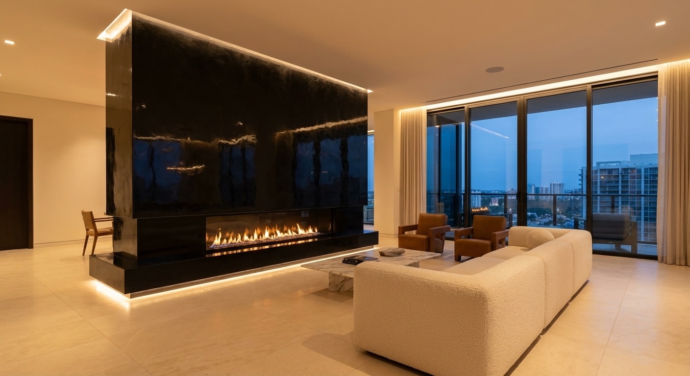 Black gloss venetian plaster fireplace in Fort Worth home