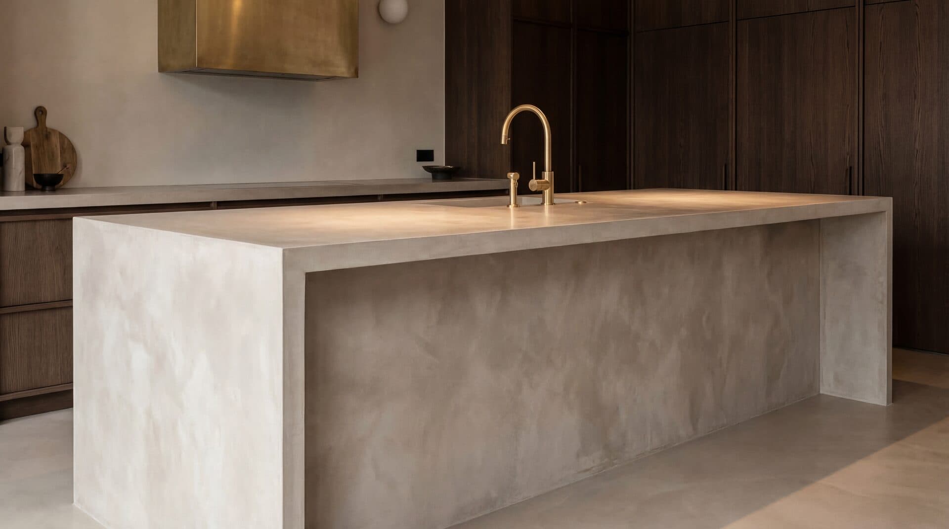 Microcement countertop island in a modern kitchen