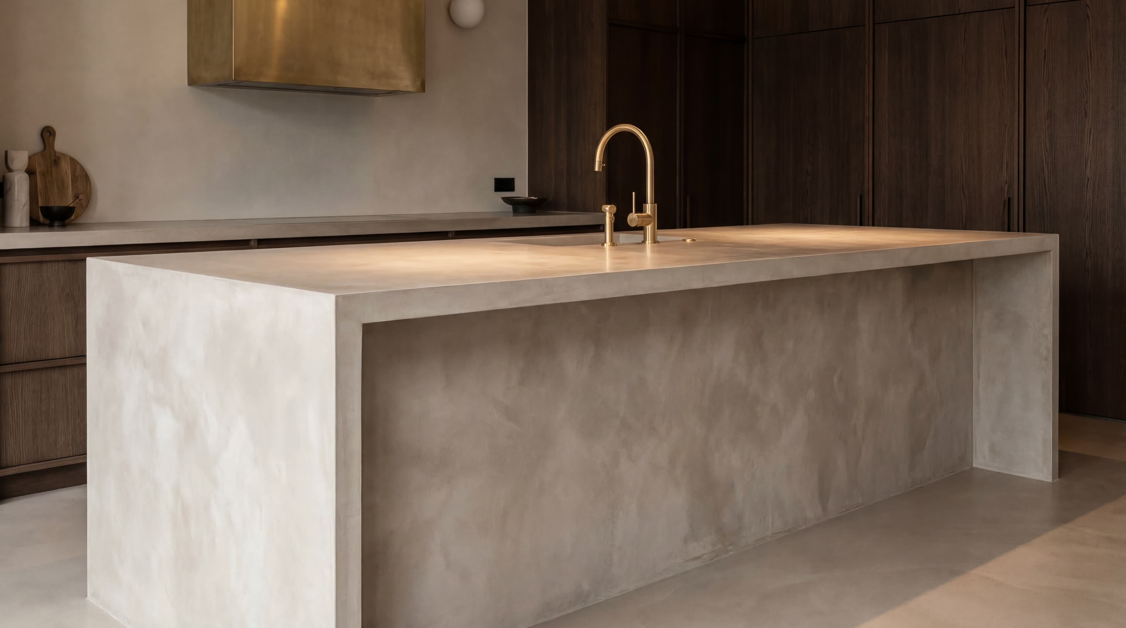 Microcement countertop island in a modern kitchen