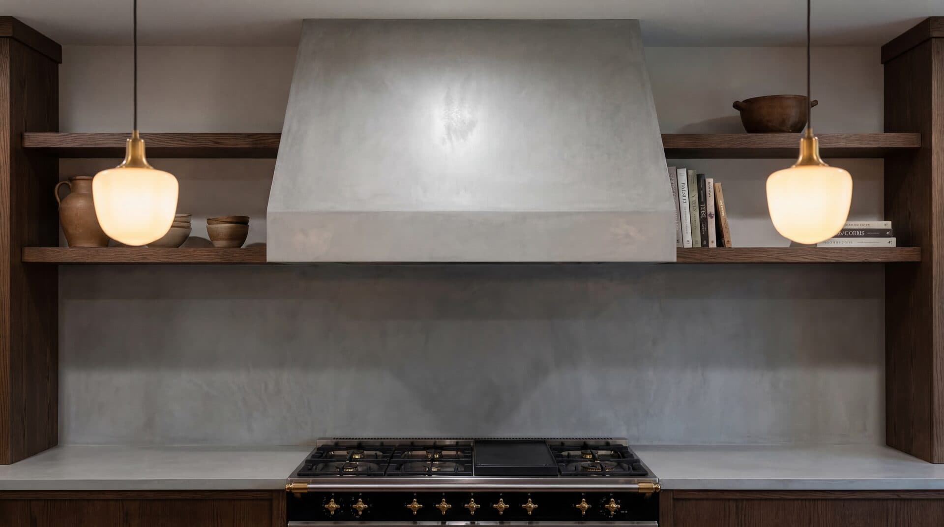 Microcement range hood and backsplash