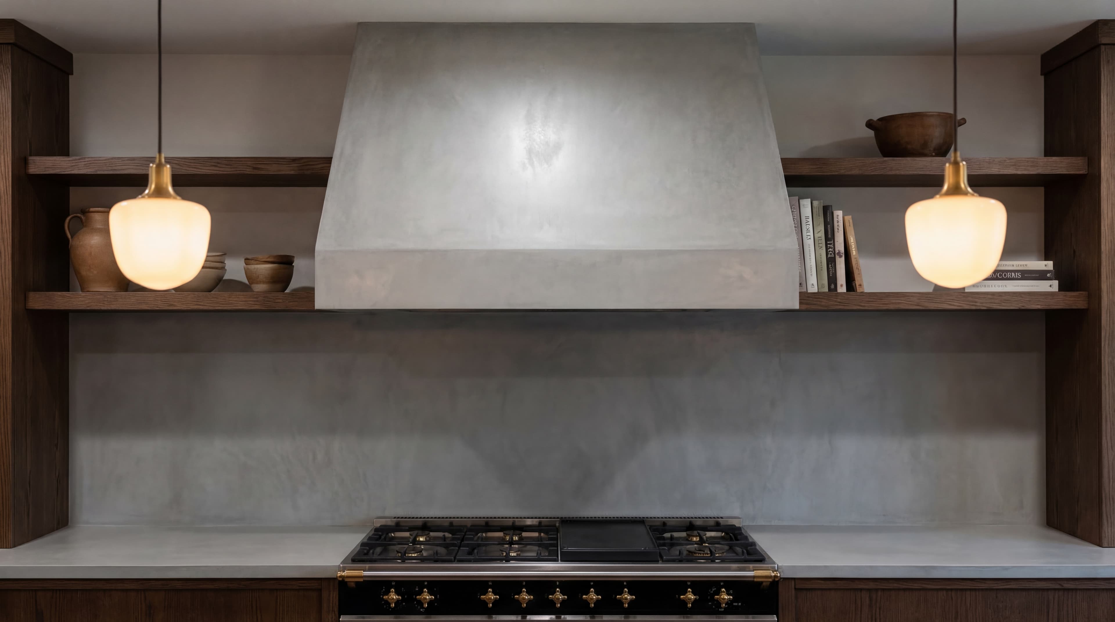 Microcement range hood and backsplash