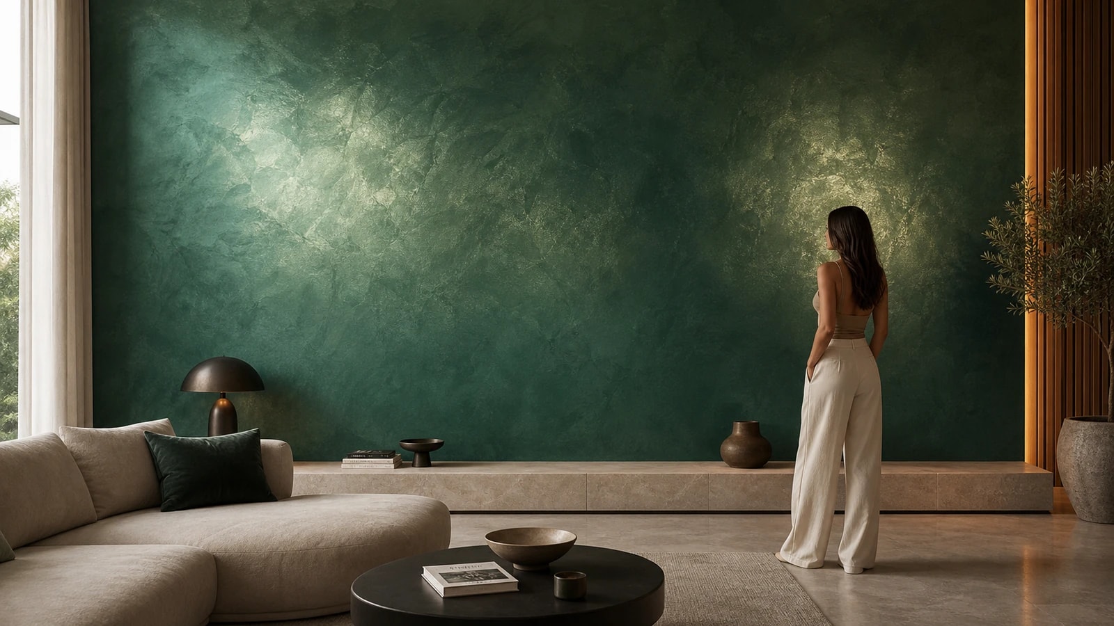 Grace Thermo Silver base custom-tinted emerald — metallic shimmer wall in a modern interior