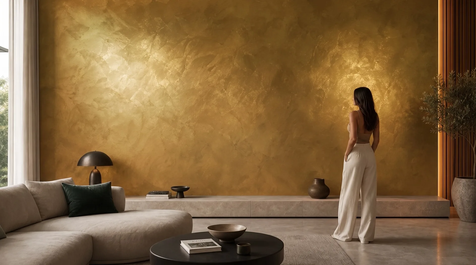 Grace Thermo Gold — warm fluid-metal gold shimmer wall in a modern living room