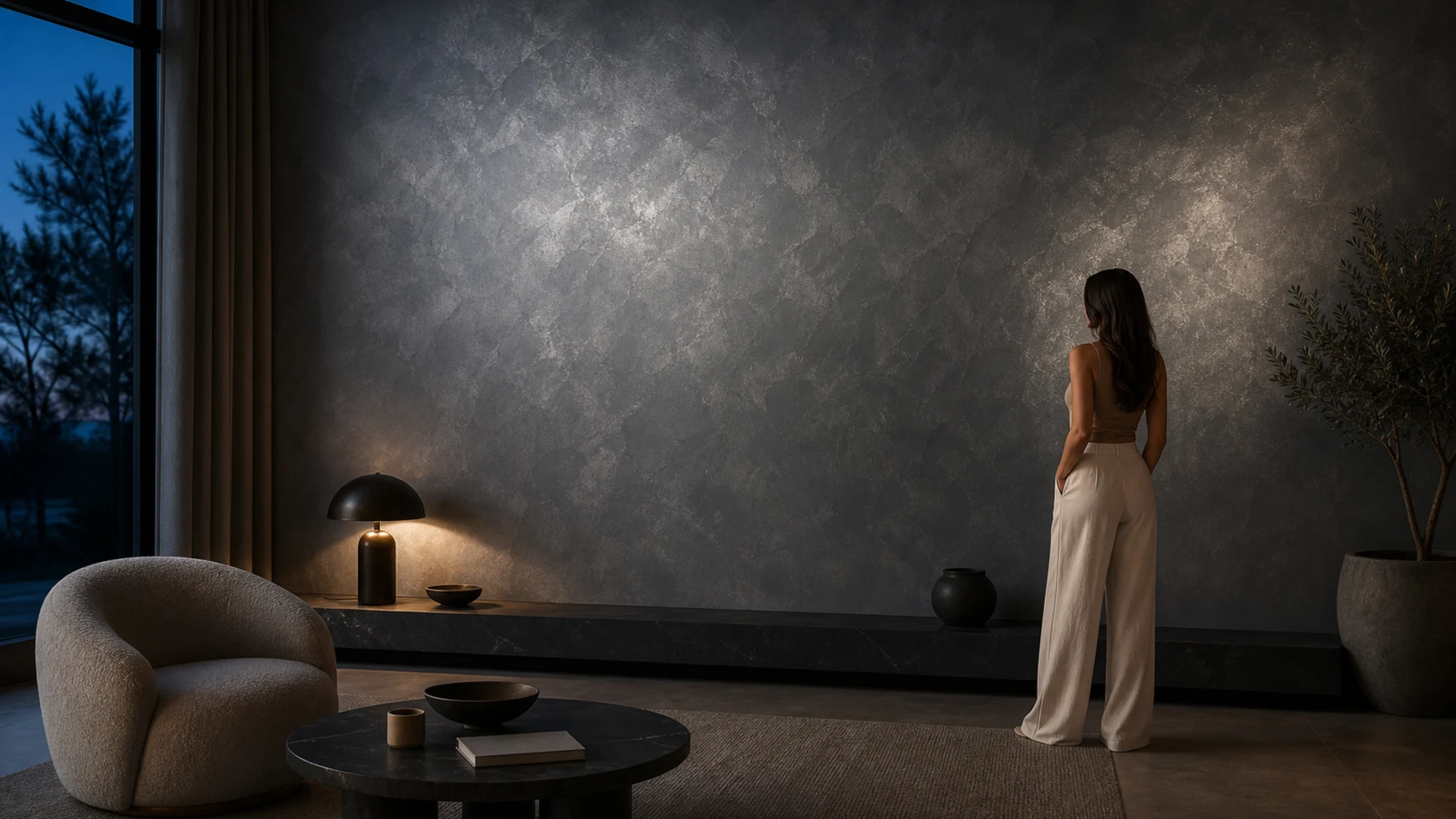 Grace Thermo Silver — smooth graphite-pewter fluid-metal wall at dusk