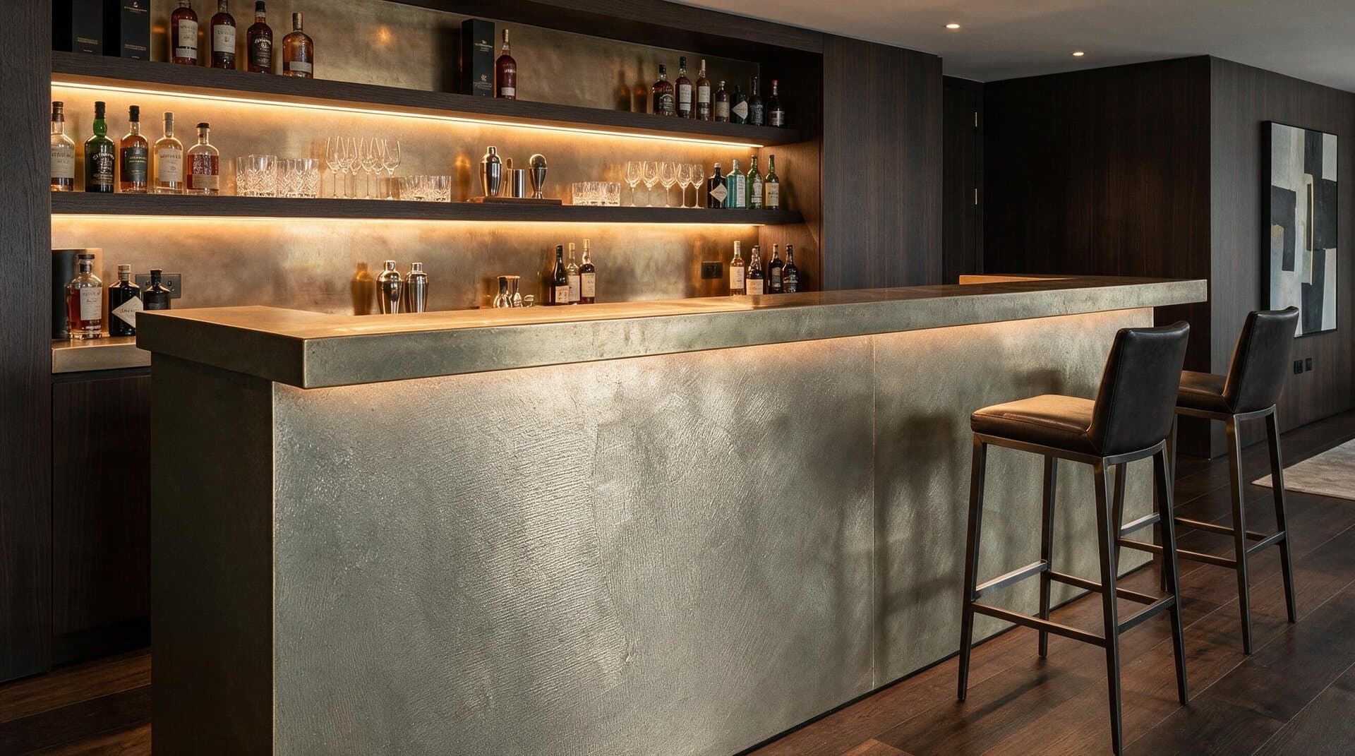 METALLICUM — luxury brass bar with LED-lit shelving
