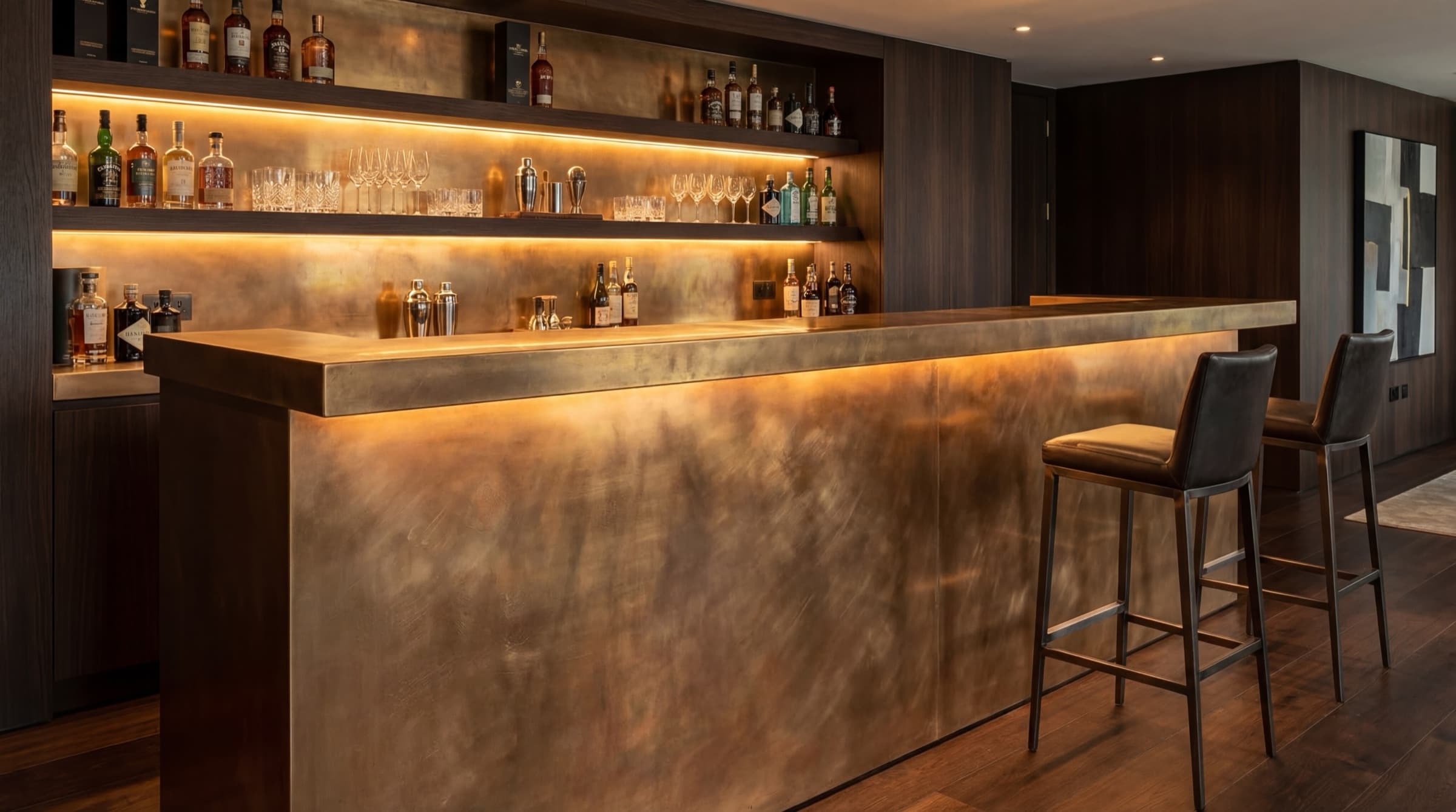 METALLICUM — luxury brass bar with LED-lit shelving