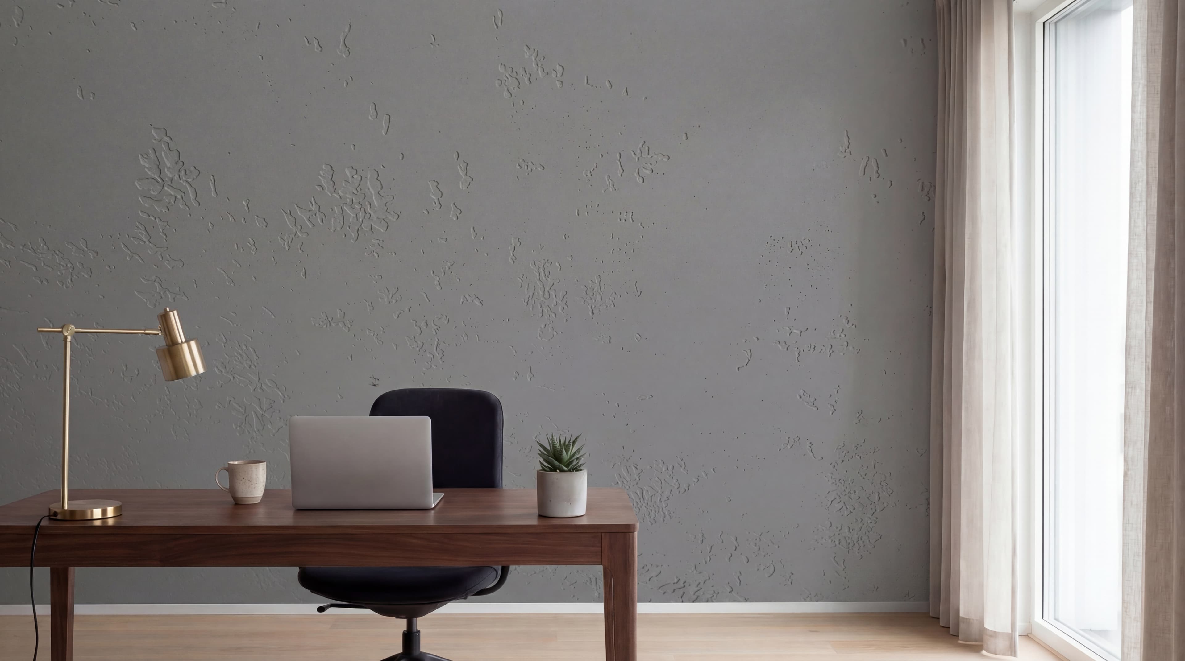 Artisanal Cementius wall in modern workspace