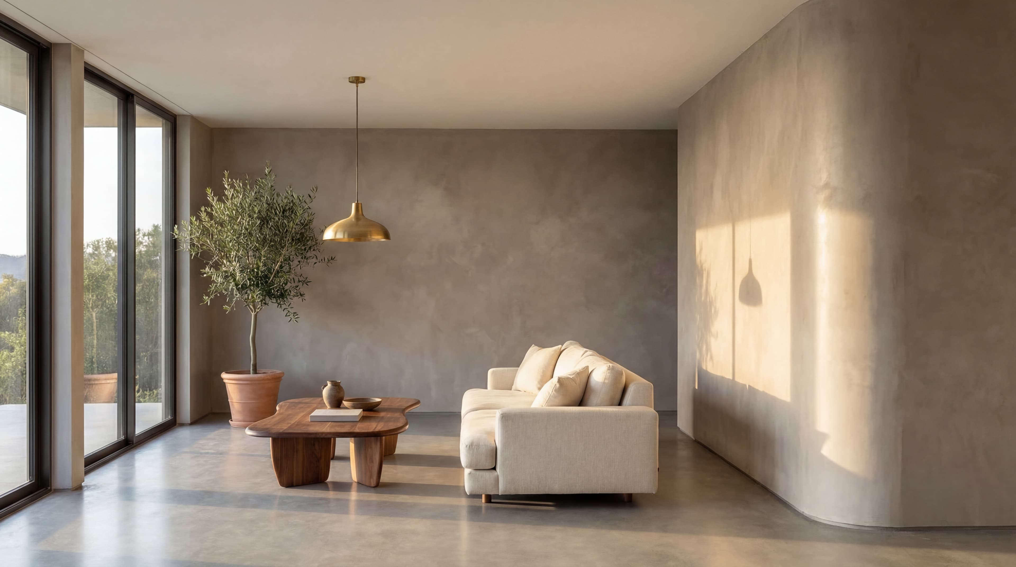 Seamless microcement wall in a contemporary interior